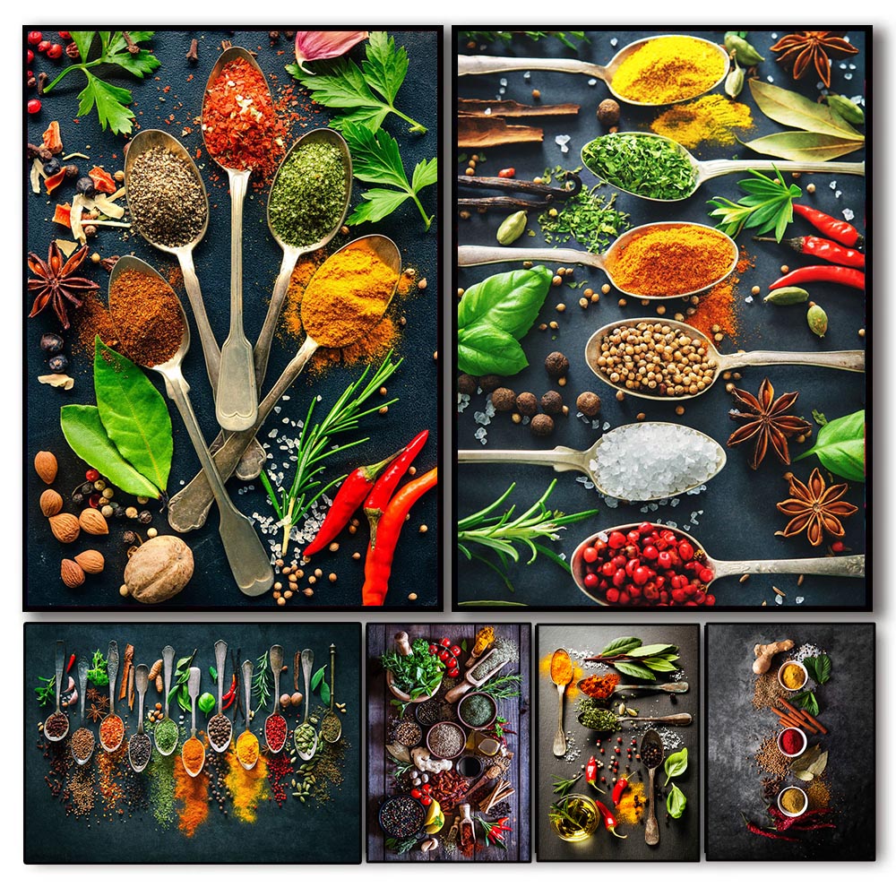 Home Cooking Kitchen - Herbs Spices Cooking Canvas Painting Nordic